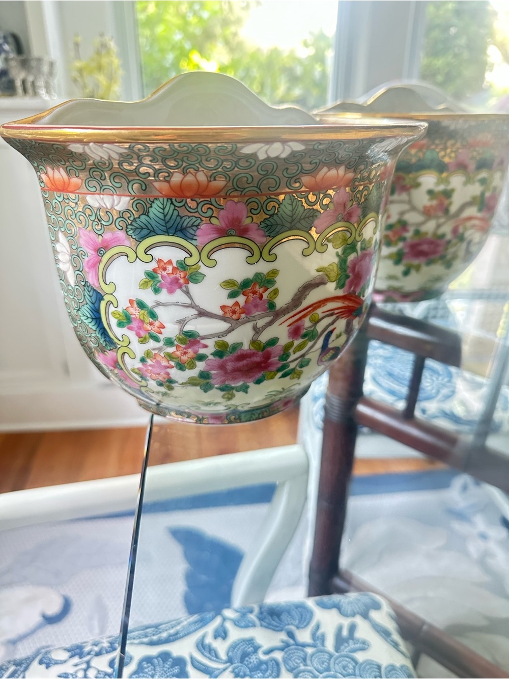 Vintage Chinese Ceramic Wall Pocket Vases: Rose Medallion Decor Oriental Chinese